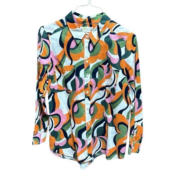 Boden Multi Color Linen Long Sleeve Button Down Top Size 12 Petite - Picture 1 of 6